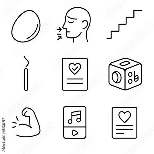 Anxiety Soothing Icons. Outline style icon of Anxiety Soothing Set: grounding stone, 4-7-8 breath count, worry ladder, calming