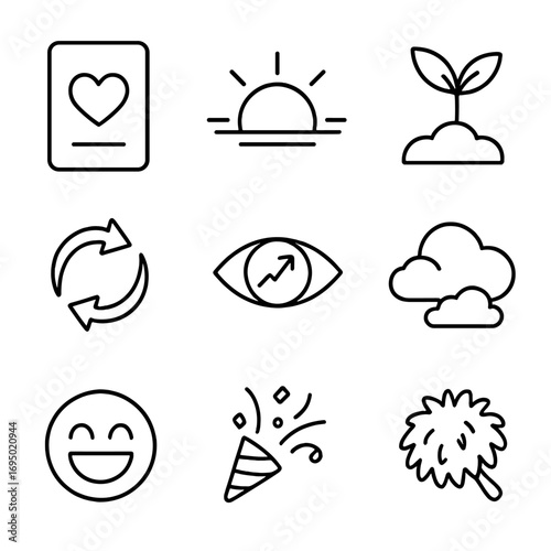Positive Mindset Icons. Outline style icon of Positive Mindset Boosters: affirmation card, optimistic sunrise, growth mindset