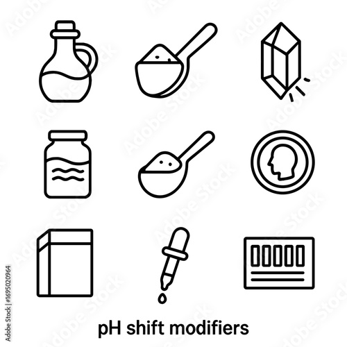 pH Shift Icons. Outline style icon of pH Shift Modifiers: vinegar bottle, baking soda scoop, citric acid crystal, iron water jar,