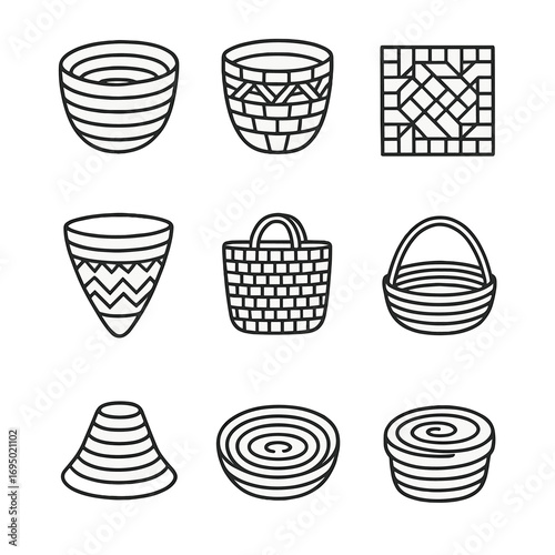 Indigenous Basket Icons. Outline style icon of Indigenous Basketry Styles: coil basket, twined basket, plaited mat, burden basket,