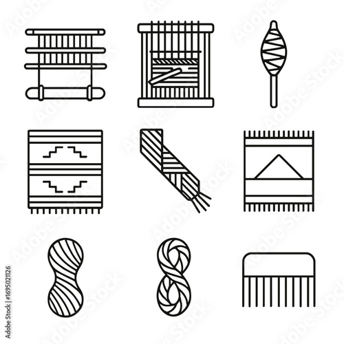 Weaving Loom Icons. Outline style icon of Weaving Loom & Textiles: back-strap loom, upright loom frame, wool spindle, Navajo