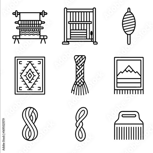 Weaving Loom Icons. Outline style icon of Weaving Loom & Textiles: back-strap loom, upright loom frame, wool spindle, Navajo