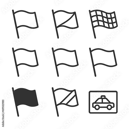 Motorsport Flag Icons. Outline style icon of Motorsport Flag Signals: green start flag, yellow caution, black-white checkered, red