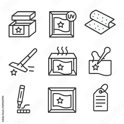 Flag Conservation Icons. Outline style icon of Flag Conservation Methods: archival storage box, acid-free tissue, UV filter glass,