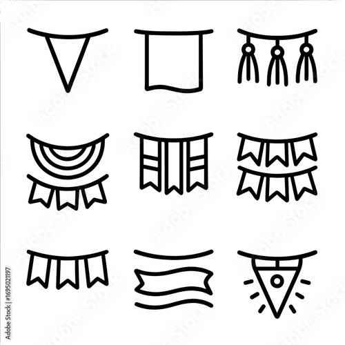 Festival Decoration Icons. Outline style icon of Festival Bunting & Pennants: triangular pennant, square cloth flag, tassel string