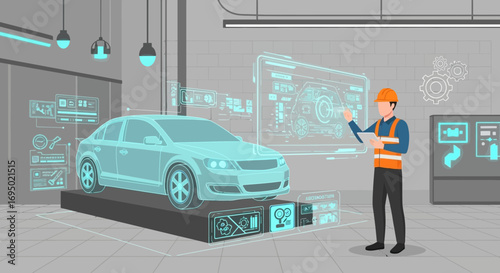 Automotive engineer analyzing virtual car model with futuristic interface technology