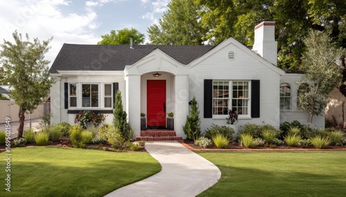 Charming white house with red door, manicured landscaping