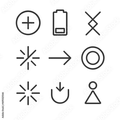 Battery Sigil Icons. Outline style icon of Sigil Battery Symbols: charged circle, depleted bar, linked circuit rune, overload