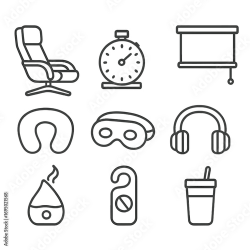 Power Nap Essentials. Outline style icon of Power-Nap Office Setup: ergonomic recliner chair, desk timer, noise-cancel headphones,