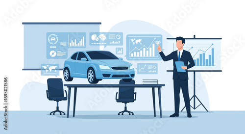 Automotive Industry Trends Presentation: A Sleek Car Visualization with Data Analysis Displayed