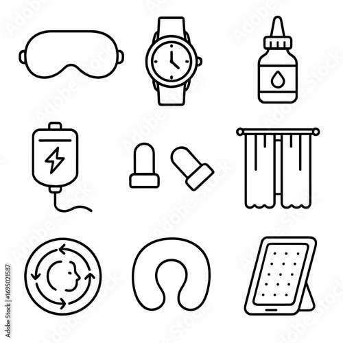 Jet-Lag Recovery Essentials. Outline style icon of Jet-Lag Recovery Nap: sleep mask, time-zone watch, eye drops, hydration