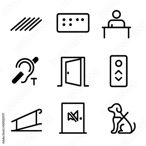 Accessible Design Icons. Outline style icon of Accessible Design Features: tactile floor strip, braille plaque, low counter,