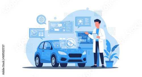 Automotive Technology Diagnosis Illustration Featuring a Scientist Inspecting a Car Data