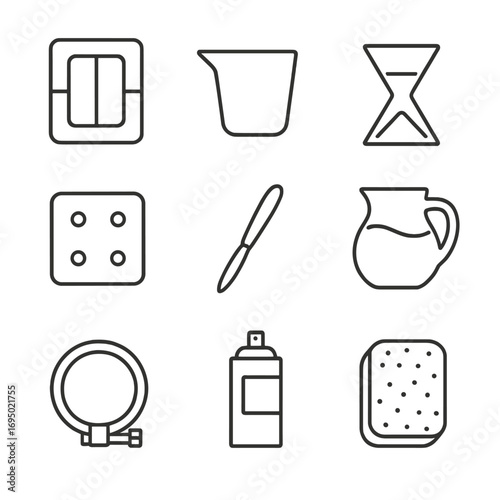 Slip-Casting Supplies Icons. Outline style icon of Slip-Casting Supplies: plaster mold, pouring cup, settling timer, drain board,