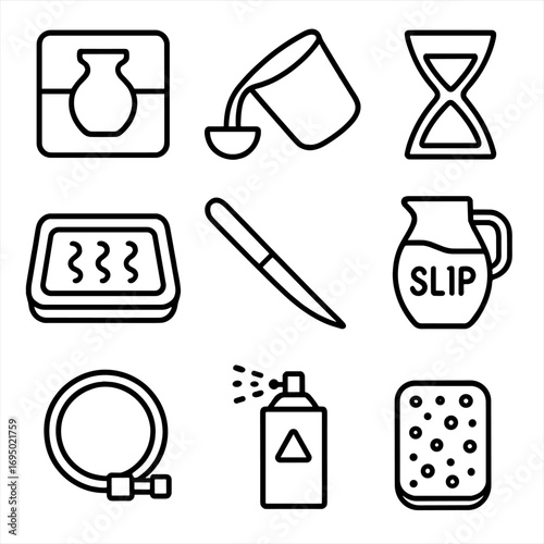 Slip-Casting Supplies Icons. Outline style icon of Slip-Casting Supplies: plaster mold, pouring cup, settling timer, drain board,