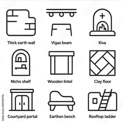 Adobe Home Features Icons. Outline style icon of Adobe Home Features: thick earth wall, vigas beam, kiva fireplace, nicho shelf,
