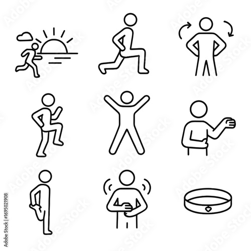 Morning Exercise Icons. Outline style icon of Morning Warm-Up Boosters: sunrise run, dynamic lunges, arm circles, high knees,