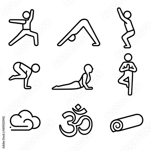 Yoga Pose Icon Set. Outline style icon of Yoga Strength & Zen: warrior pose, downward dog, chair pose, crow balance, cobra lift,