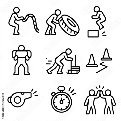 Outdoor Bootcamp Essentials. Outline style icon of Outdoor Bootcamp Essentials: battle rope wave, tire flip, box jump, sandbag