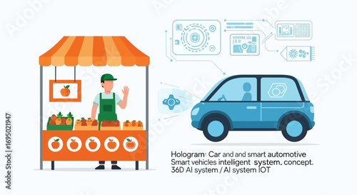 Autonomous driving with fruit vendor using ai and iot modern technologies concept illustration