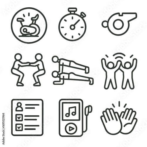 Group Class Icons. Outline style icon of Group Class Synergy: spin circle, circuit timer, coach whistle, partner squat, team plank