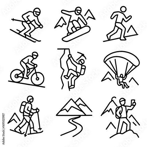 Mountain Sports Icons. Outline style icon of Mountain Sports Moments: alpine skier carve, snowboard jump, trail runner stride,