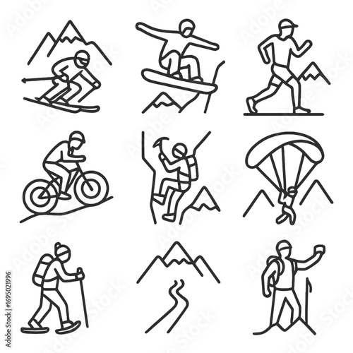 Mountain Sports Icons. Outline style icon of Mountain Sports Moments: alpine skier carve, snowboard jump, trail runner stride,