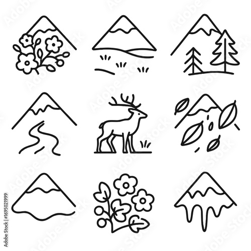 Seasons Mountain Icon. Outline style icon of Seasons on the Mountain: spring blossom slope, summer green meadow, autumn golden
