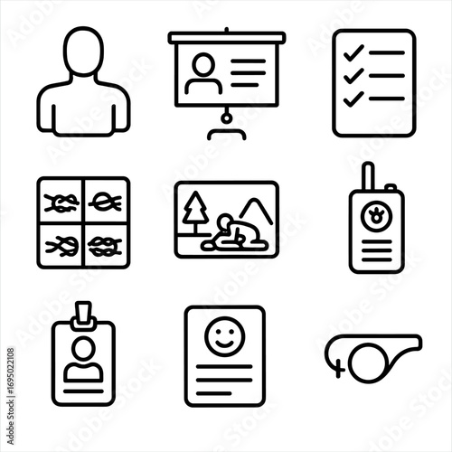 Volunteer Training Tools. Outline style icon of Volunteer Training Aids: dummy mannequin, classroom projector, skills checklist,