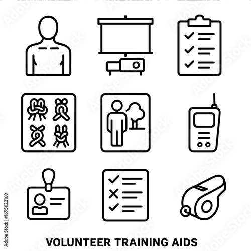 Volunteer Training Tools. Outline style icon of Volunteer Training Aids: dummy mannequin, classroom projector, skills checklist,