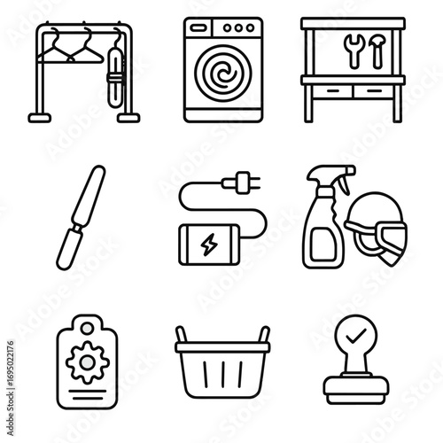 Equipment Maintenance Icons. Outline style icon of Equipment Maintenance Station: drying rack, rope washer, tool bench, sharpening