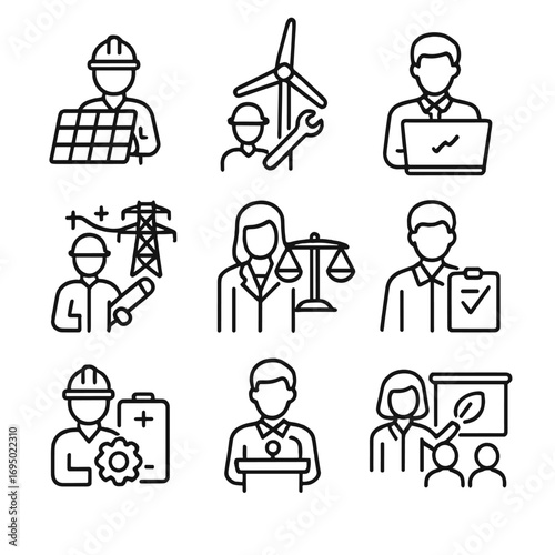 Renewable Energy Careers Icons. Outline style icon of Renewable Career Roles: solar installer, wind technician, energy analyst,