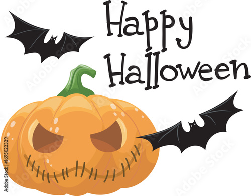 Pumpkin and bats with the inscription Happy Halloween
