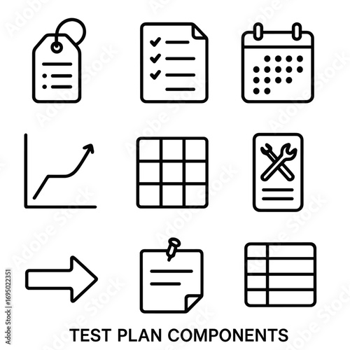 Test Plan Icon. Outline style icon of Test Plan Components: plan ID tag, feature list sheet, schedule calendar, effort estimate