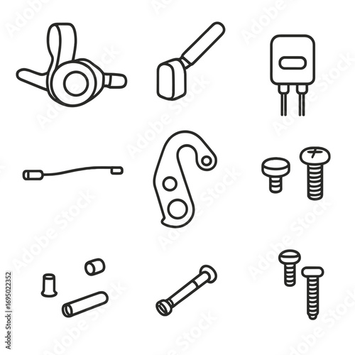 Gear Shift Components. Outline style icon of Gear Shift Hardware: trigger shifter, bar-end shifter, electronic Di2 junction, shift