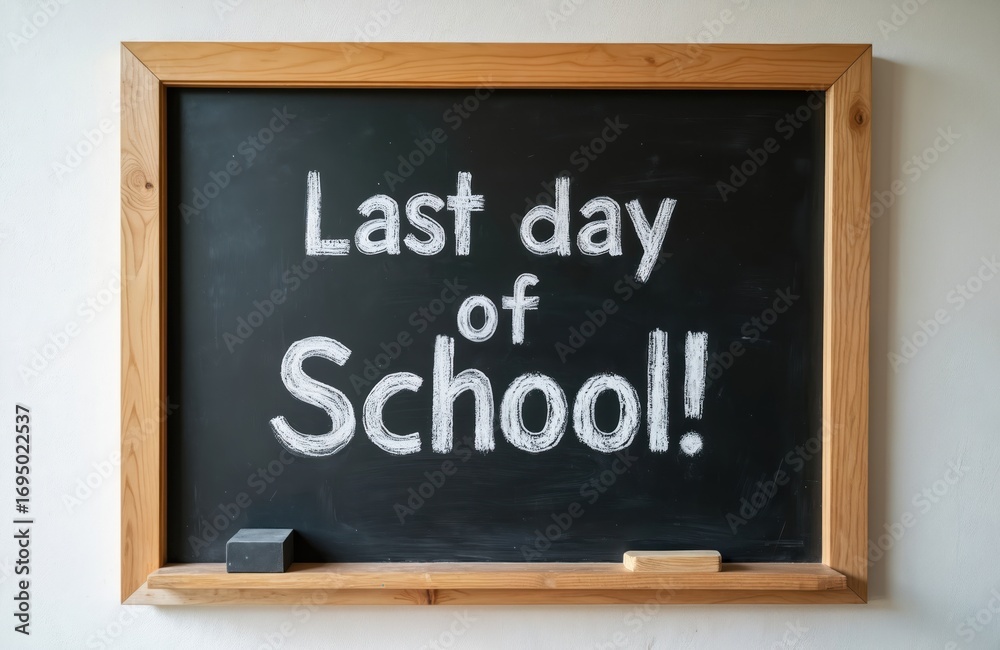 Fototapeta premium Chalkboard announces Last Day of School. with bold white letters. Signifies end of academic year, school closure, and start of vacation. Wooden frame borders message. Celebration, graduation, freedom.