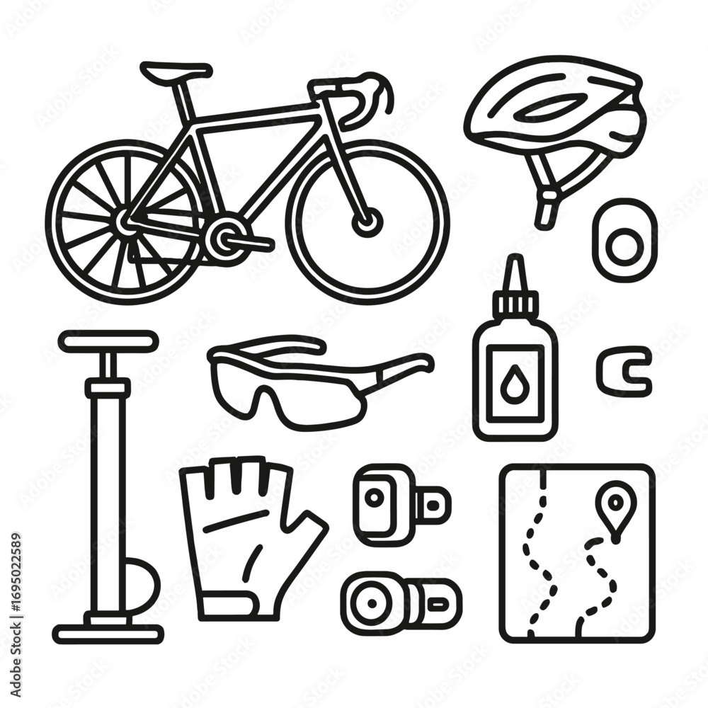 Obraz premium Cycling Commute Essentials. Outline style icon of Cycling Commute Warm-Up: road bike, helmet clip, cadence sensor, tire pump,