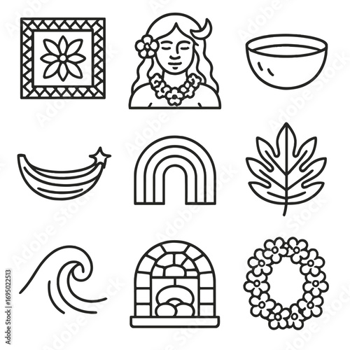 Polynesian Goddess Symbolism. Outline style icon of Polynesian Moon Goddess Hina: tapa cloth, coconut bowl, moon canoe, rainbow