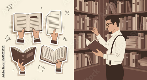 Bookish illustrations depicting reading and libraries for educational resources and promotional