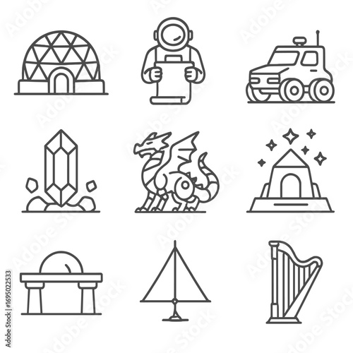 Lunar Mythology Icons. Outline style icon of Future Lunar Mythology: space colony dome, astronaut lore scroll, moon rover,