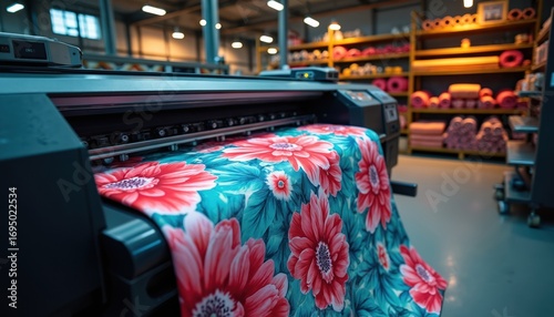 Industrial textile printer creates vibrant floral pattern fabric. Automated machinery in factory setting produces colorful material with precision. Advanced technology in manufacturing workshop,