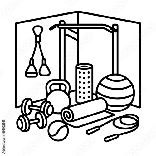 Home Gym Outline. Outline style icon of Home Gym Corner: resistance band, dumbbell pair, kettlebell, yoga mat, foam roller,