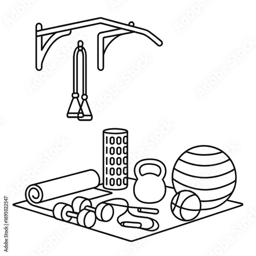 Home Gym Outline. Outline style icon of Home Gym Corner: resistance band, dumbbell pair, kettlebell, yoga mat, foam roller,