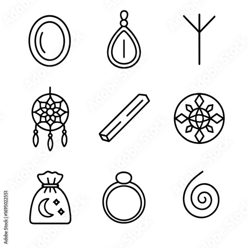 Moonstones & Talismans Icons. Outline style icon of Moonstones & Talismans: rainbow moonstone cabochon, silver pendant, protective