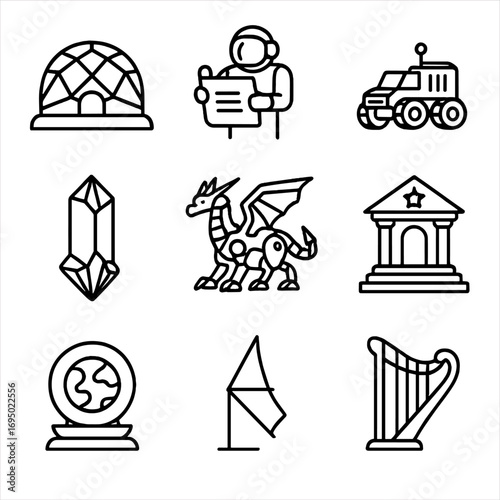 Lunar Mythology Icons. Outline style icon of Future Lunar Mythology: space colony dome, astronaut lore scroll, moon rover,