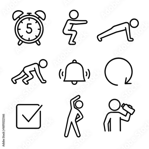 Micro Workout Icons. Outline style icon of Time-Efficient Micro Workouts: 5-minute timer, 10 squats, 10 push-ups, 20 mountain