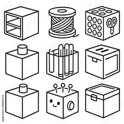 Modular Craft Cube Icons. Outline style icons of Modular Cube: craft supply cube, yarn spool cube, bead sorter cube, scissor slot