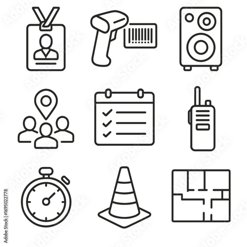 Mobile Workforce Icons. Outline style icons of Mobile Workforce: event staff lanyard, barcode ticket scanner, portable PA speaker,