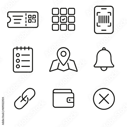 Event App Icons. Outline style icons of Mobile App: event ticket QR, seat selection grid, entry barcode scan, schedule agenda list