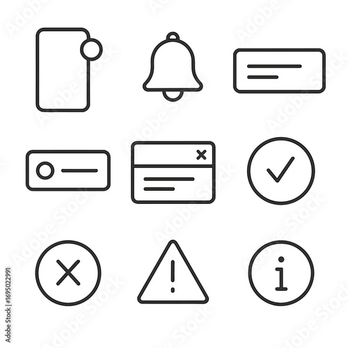 Mobile UI Icons. Outline style icons of Mobile Design: notification push badge, alert bell, banner alert bar, snackbar message,